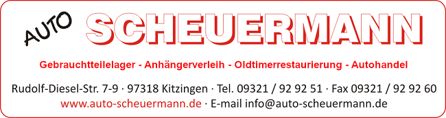 Auto Scheuermann e.K., Rudolf-Diesel-Str. 7-9, 97318 Kitzingen<br> Gebrauchtteilelager - Anhängerverleih - Autohandel